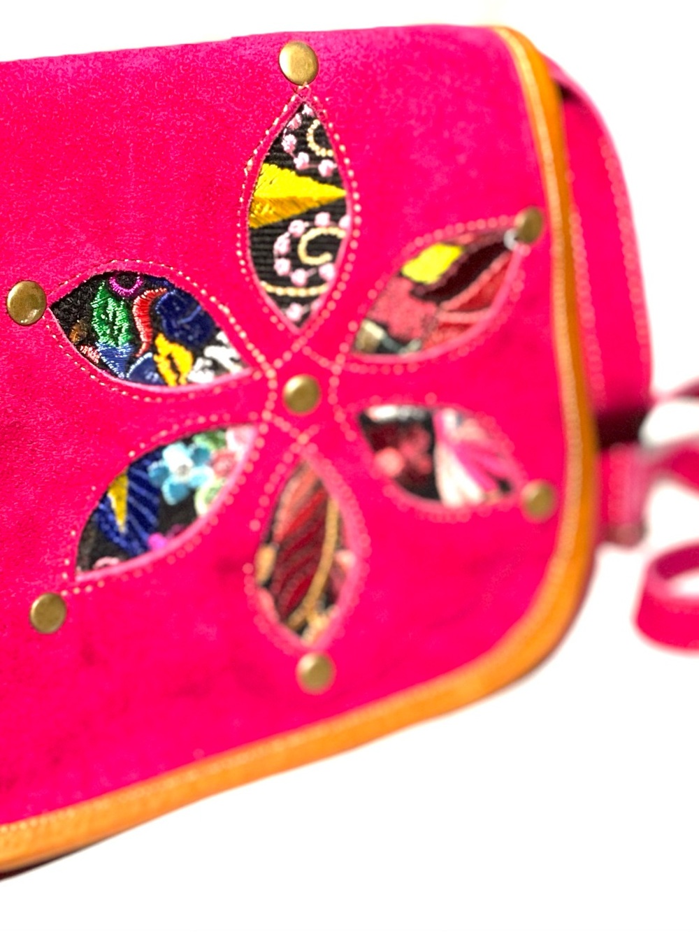 Vibrant Pink Suede Crossbody Floral Inlay Handmade in Otavalo Ecuador